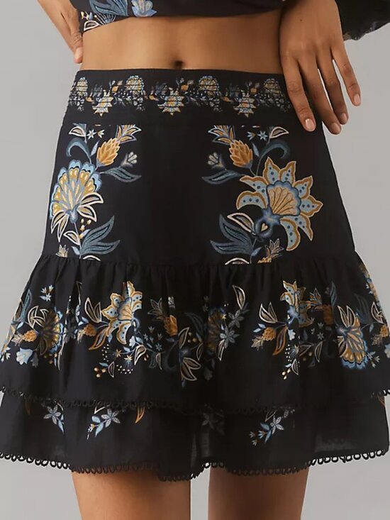 FARM Rio Dresses & Skirts - Farm Rio Stitched Garden Mini Skirt Tiered Ruffled Floral Eyelet Black NWT XL